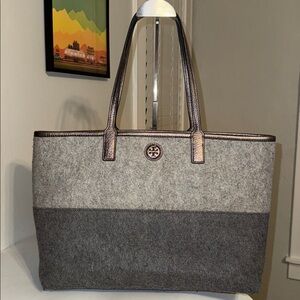 Tory Burch Two-Tone Gray Wool Tote with Metallic Trim